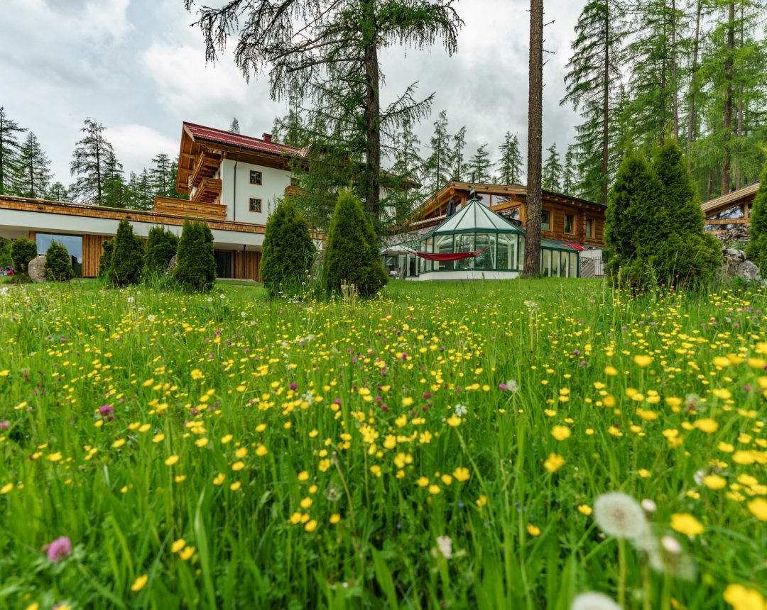 Ansicht des Naturhotel Lärchenhofs aus niedriger Perspektive