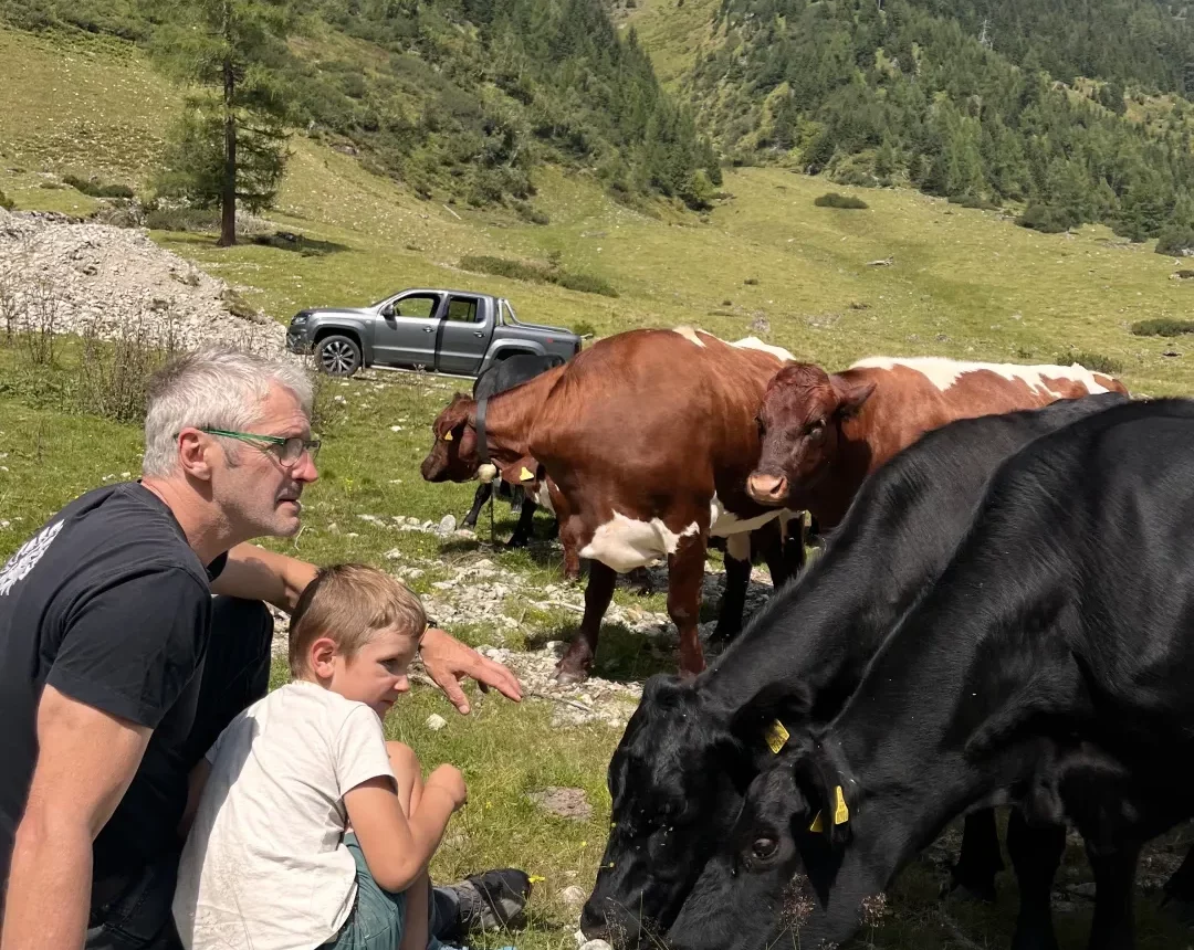 Mann und Kund zusammen mit einem Angusrind